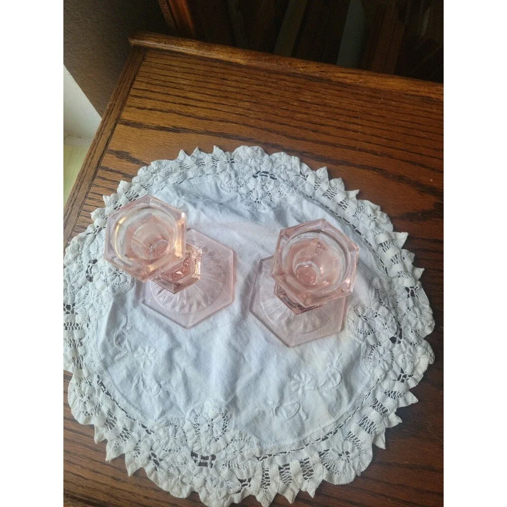 Vtg Depression Glass Pair of Dark Rose Pink Candlestick Holders  5
